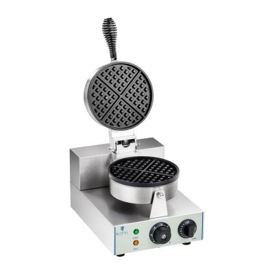 Máquina elétrica para waffles prata com placas negras e painel com botões e luzes