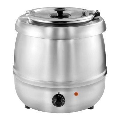 Panela elétrica de sopa em aço inoxidável com tampa prateada e botão de controlo