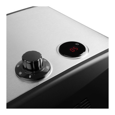 Bot e3o rotativo preto e visor digital num aparelho metalizado