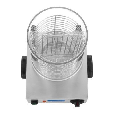 Máquina de pipocas metálica com câmara de vidro e botões pretos