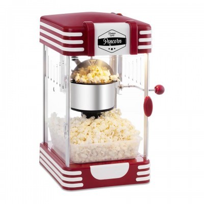 Máquina vermelha e branca para fazer pipocas com corpo transparente e alavanca lateral