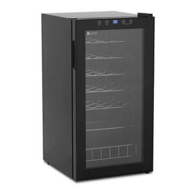 Frigorífico para vinho preto com porta de vidro e prateleiras de metal