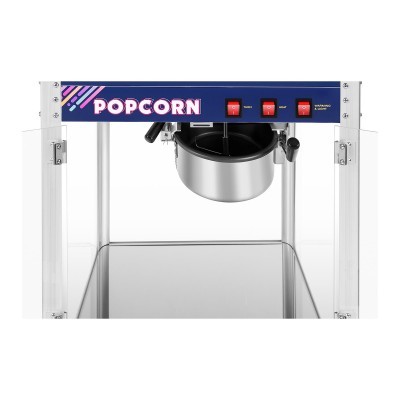 Máquina automática de fazer pipocas com painel azul e texto POPCORN