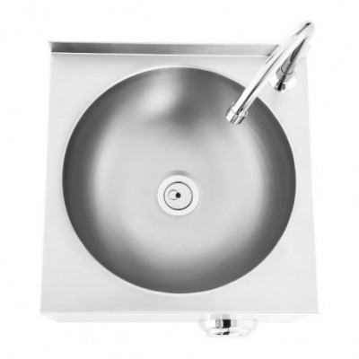 Lavatório quadrado em aço inoxidável com cuba circular e torneira metálica