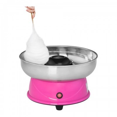 máquina de algodão doce rosa com tigela metálica e algodão doce branco