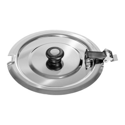 Tampa metálica prateada com pega preta e fecho de aço inoxidável