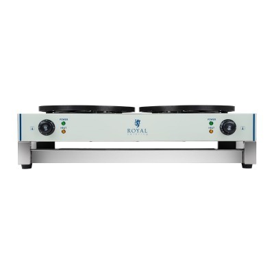 Placa de fogão elétrica dupla branca com queimadores pretos e botões de controlo, marca ROYAL