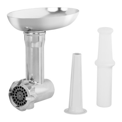 Conjunto para moedor de carne em metal prateado com duas peças de plástico branco