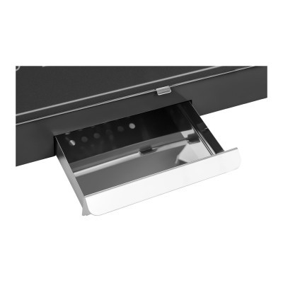 Grelhador elétrico preto com tampa de vidro aberta e interior metal inox