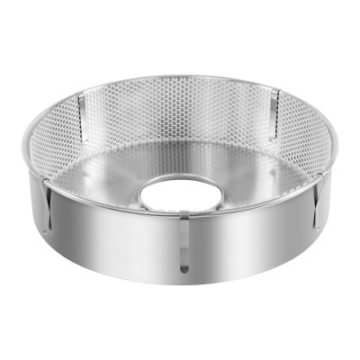 Recipiente redondo metálico prateado com padrão hexagonal perfurado