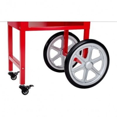 Parte inferior de carrinho vermelho com rodas grandes cinza e rodas pequenas giratórias pretas