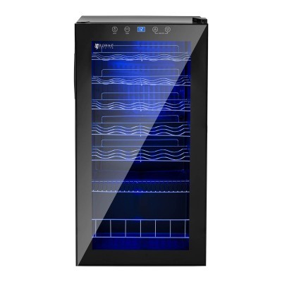 Frigorífico para vinhos preto com porta de vidro e iluminação azul