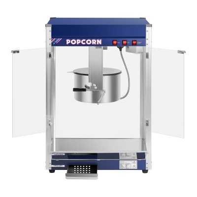 Máquina de pipocas metálica com porta de vidro e painel azul com texto POPCORN