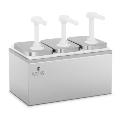 Dispensador de aço inoxidável com três bombas brancas e tampas prateadas