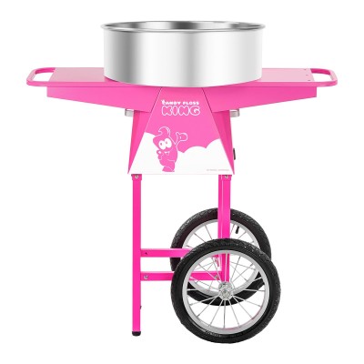 Máquina de algodão doce rosa com rodas grandes e cuba de inox