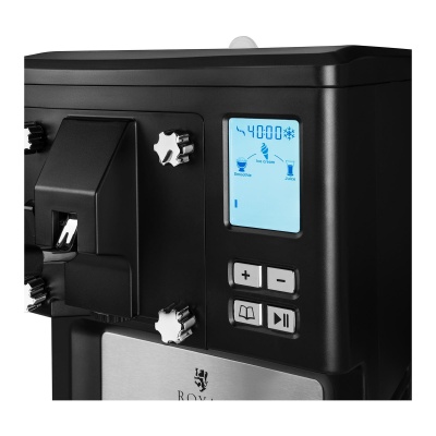 Máquina automática de café expresso preta com ecrã digital azul e botões de controlo