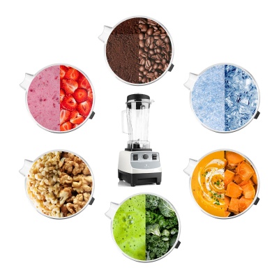 Liquidificador branco e preto rodeado por seis tigelas com diferentes ingredientes em metades