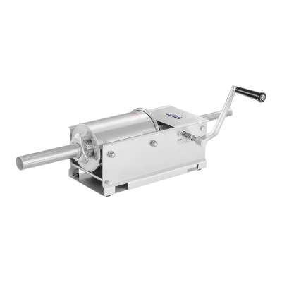 Máquina de enchidos manual em metal prateado com manivela preta