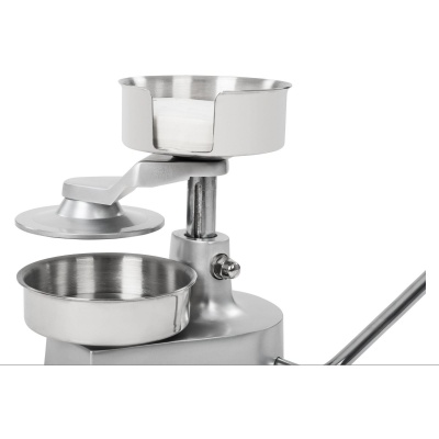 Utensílio metálico em aço inox com tigelas circulares e estrutura vertical