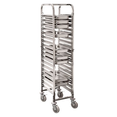 Carrinho metálico prateado com 12 bandejas e rodas cinzentas