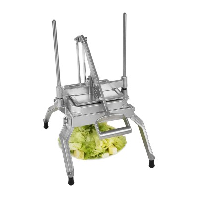 Cortador metálico de legumes em prateado com alavanca e quatro pés de borracha preta