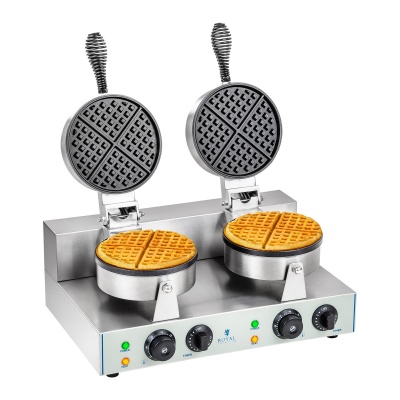 Máquina profissional para waffles com dois compartimentos redondos, botões de controlo e waffles dourados