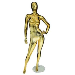 Mannequim feminino dourado brilhante com mão na cintura
