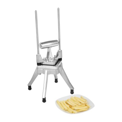 Máquina de cortar batatas fritas em aço inox com prato branco de batatas cortadas