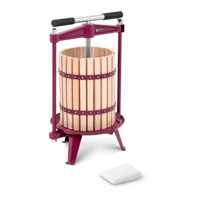 Prensa para sumo madeira e metal bordeaux com panos brancos