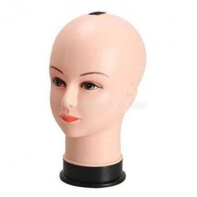 Cabeça de manequim feminina em plástico cor de pele com base preta