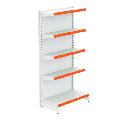Prateleira branca de metal com prateleiras laranjas