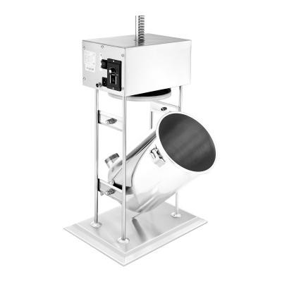 Máquina industrial metálica prateada com cilindro inclinado e base quadrada