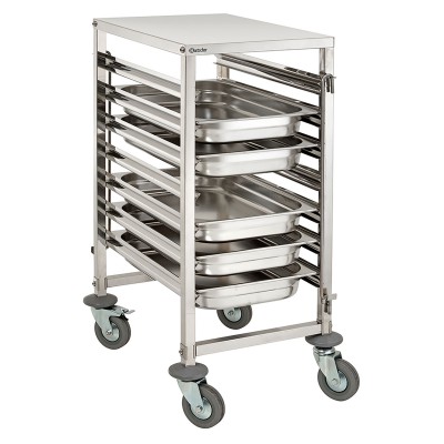 Carrinho metálico com sete tabuleiros inox e rodas