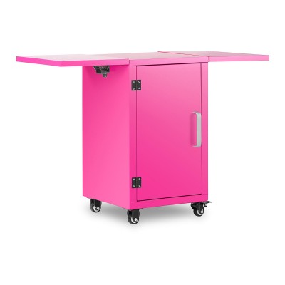 Móvel rosa com tampas laterais dobráveis, porta central e rodas
