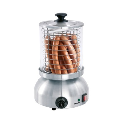 Máquina para aquecer salsichas prateada com cesto cilíndrico com salsichas dentro