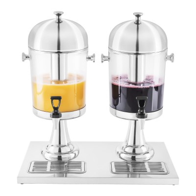 Dispenser duplo de bebidas com recipientes transparentes e aço inoxidável prateado