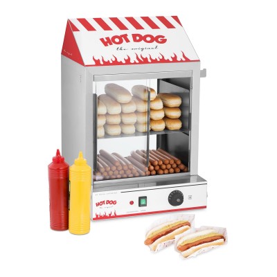 Máquina de estufa para hot dogs com garrafas de condimentos e cachorros-quentes