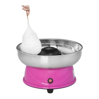 Máquina de algodão doce cor-de-rosa com taça metálica e algodão doce branco