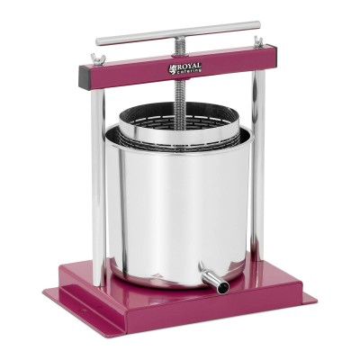 Prensa de azeitona Royal Catering em metal cromado e bordo com cuba prateada e bico de saída