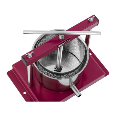 Prensa metálica vermelha com cesto em aço inox e alavanca prateada