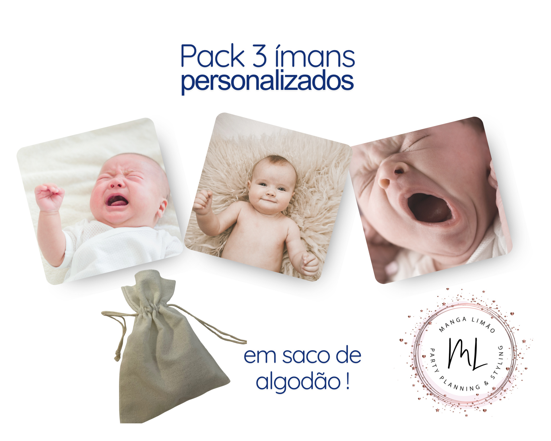 Pack de 3 ímans personalizados com fotos de bebés e saco de algodão cinzento