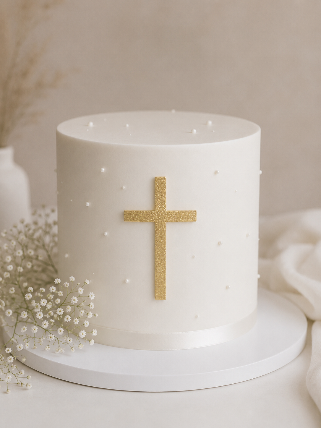 Bolo branco decorado com pérolas e cruz dourada