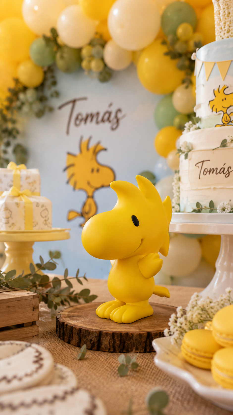 Figura de Woodstock amarela em festa decorada com balões e bolo com texto Tomás