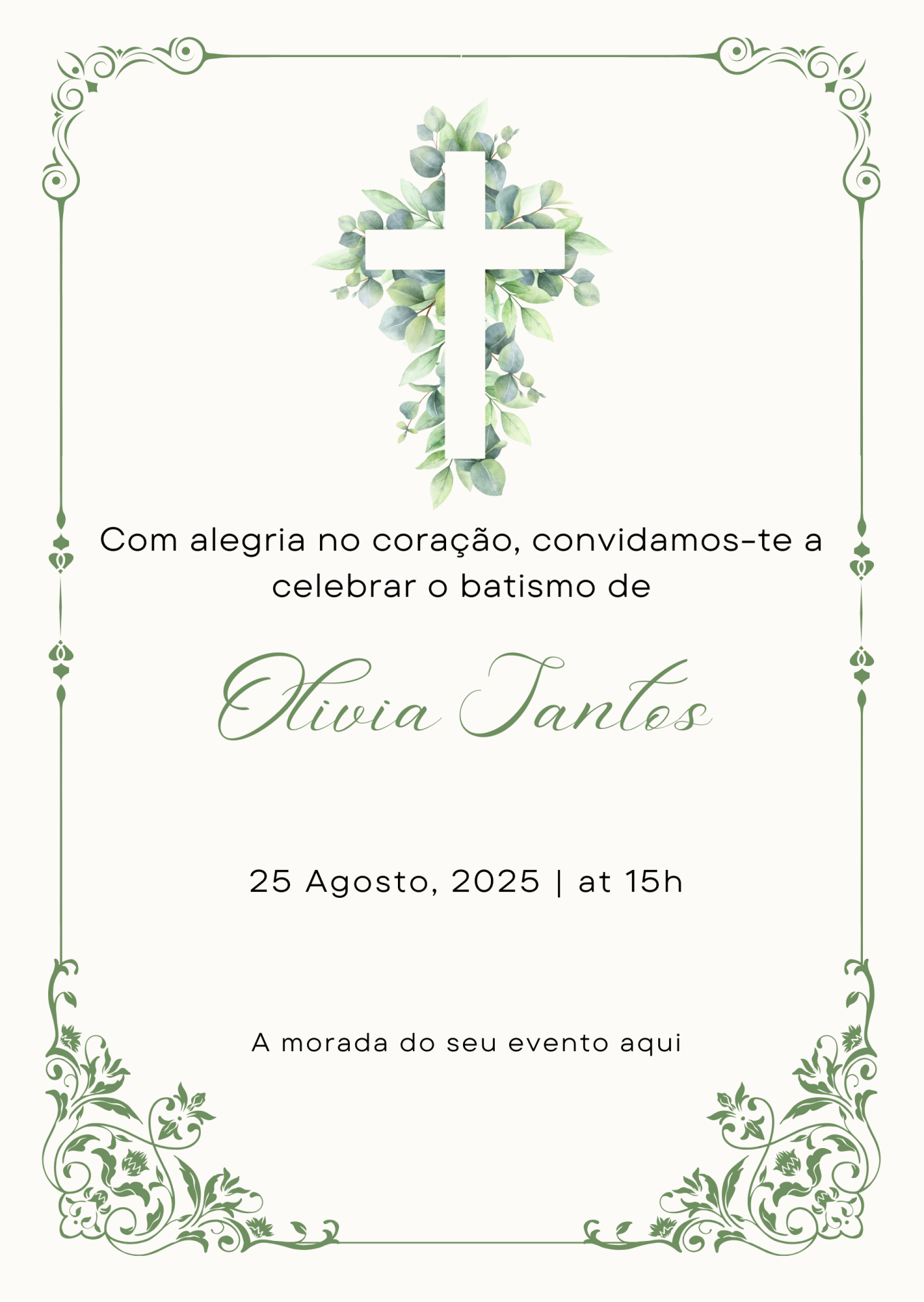 Convite de batismo com cruz branca e decoração verde