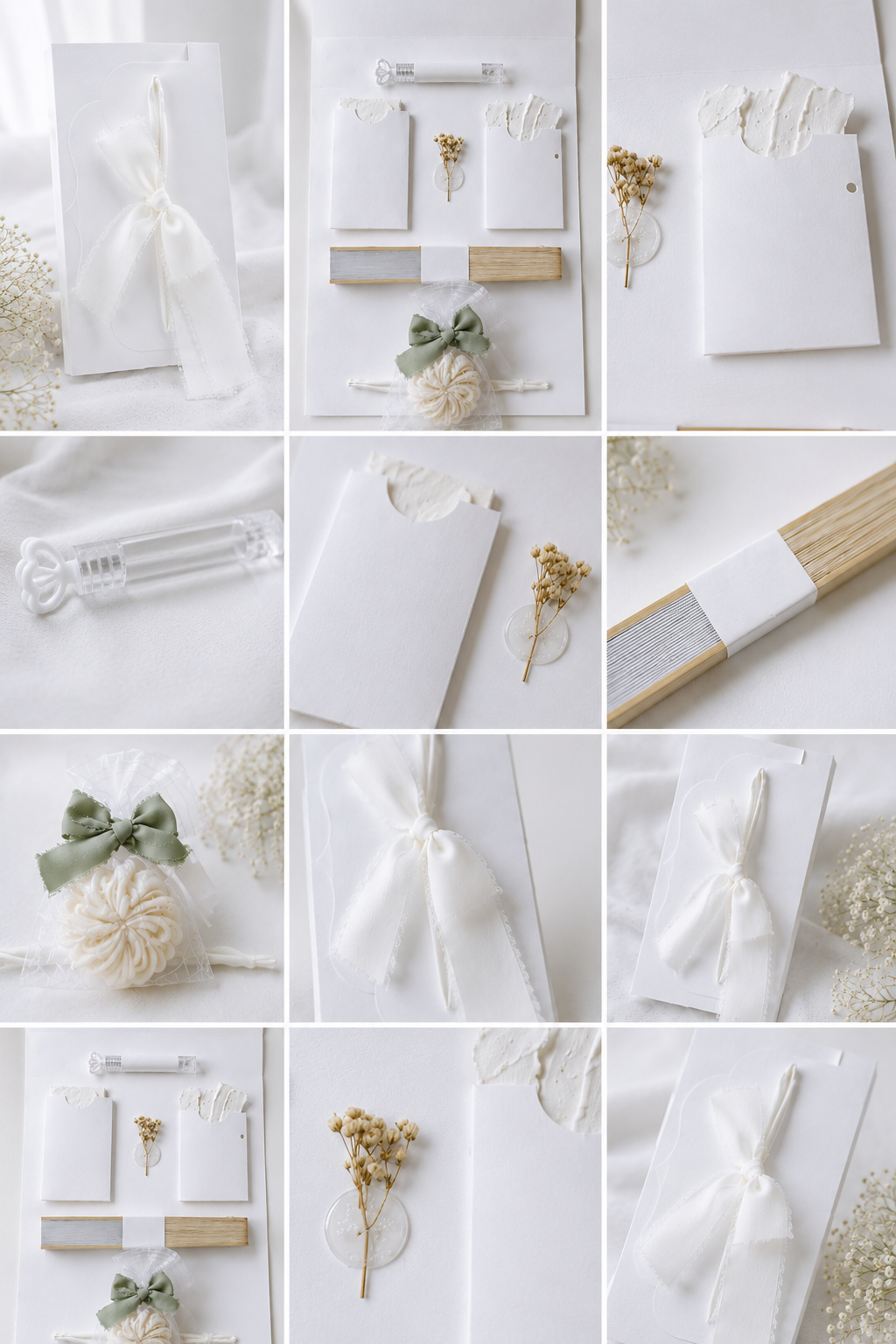 Conjunto de convites e envelopes brancos com laços e flores secas em fundo branco.