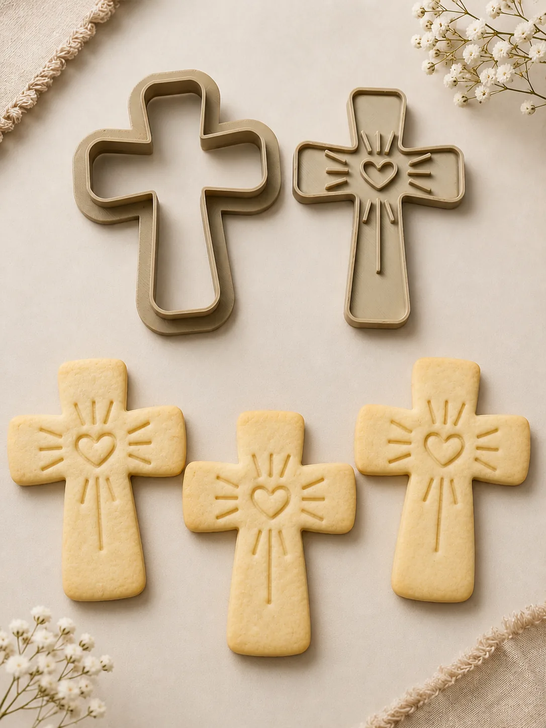 Cortadores de biscoitos em forma de cruz e biscoitos com relevo de coração e raios