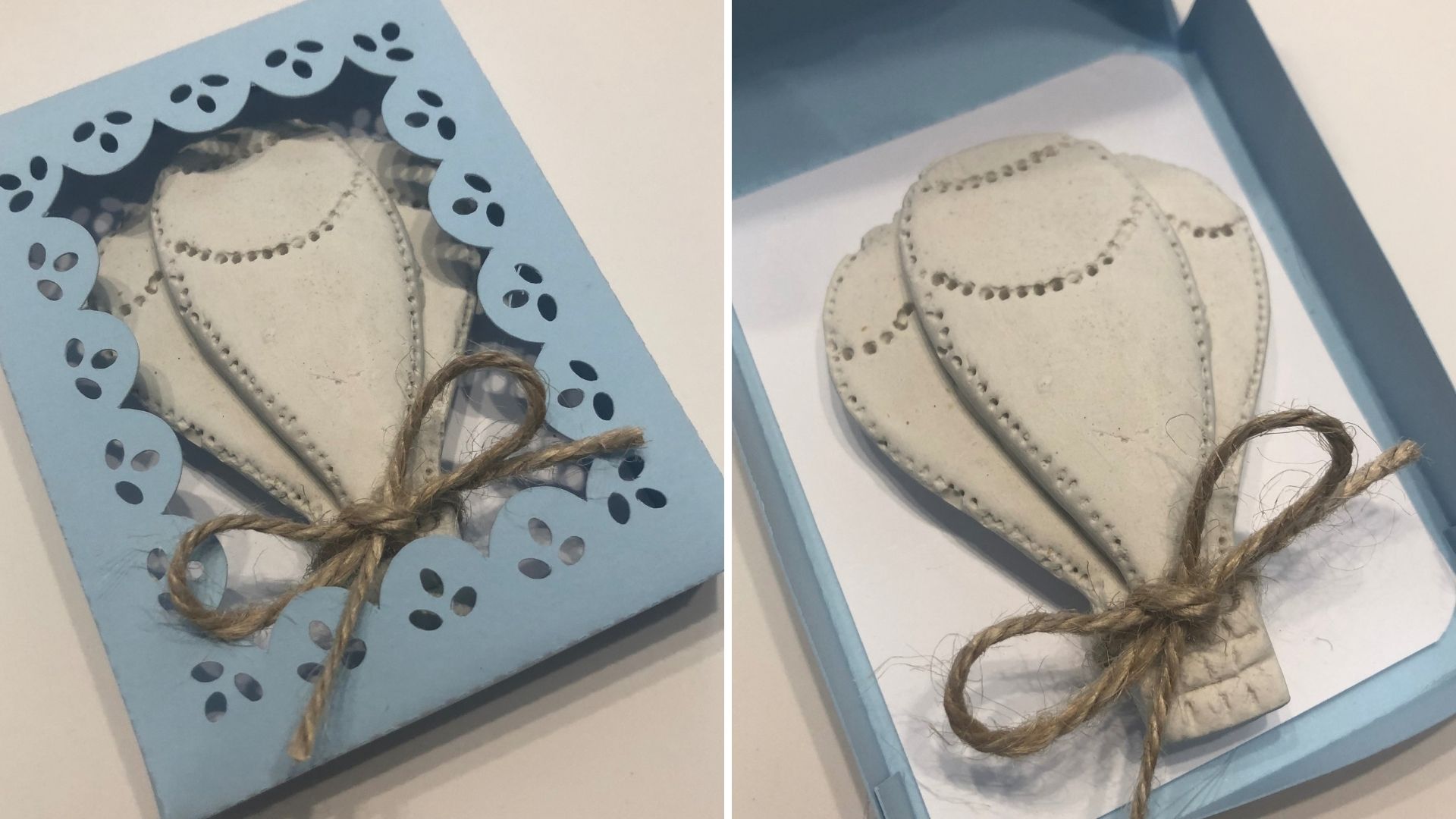 Enfeite balão de ar quente cerâmica branco em caixa azul com laço de corda