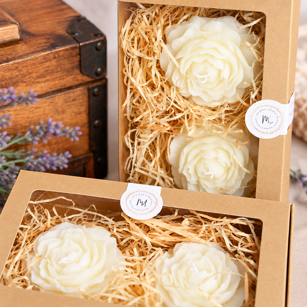 Caixas de velas em forma de rosa brancas em embalagens de cartão com palha decorativa