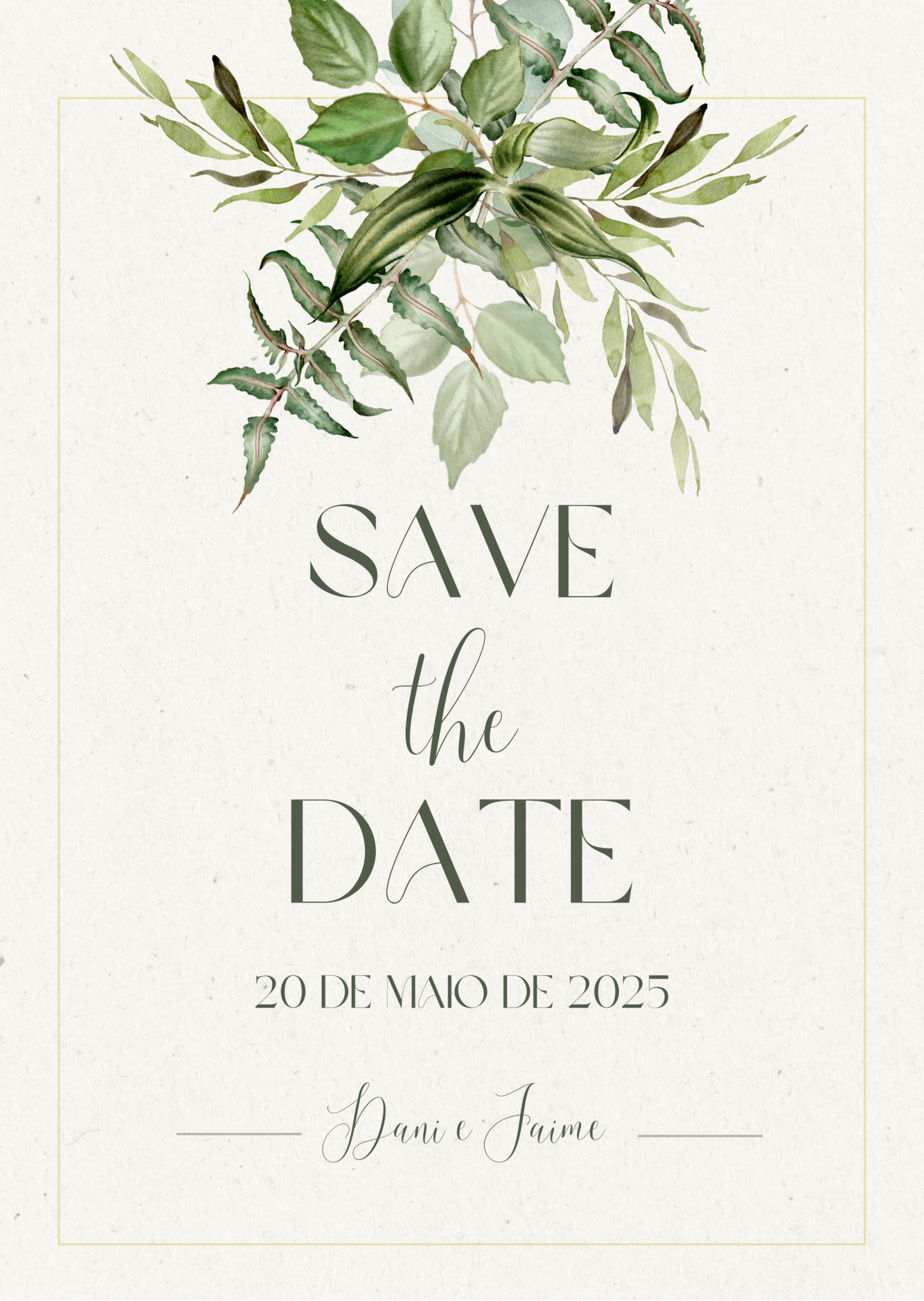 Cartão 'Save the Date' com folhas verdes e texto em verde sobre fundo branco.