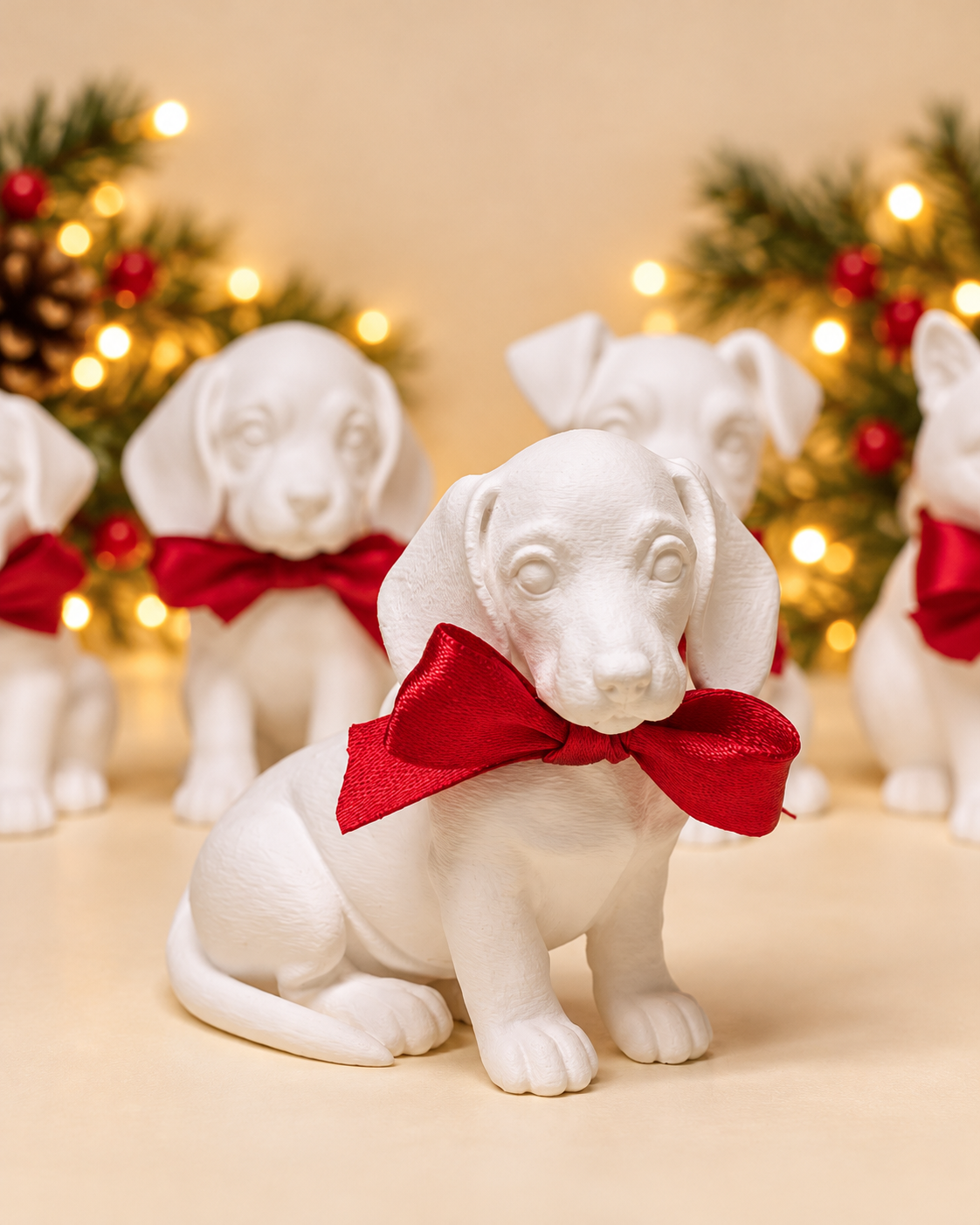 Figuras decorativas de cães brancos com laços vermelhos em superfície clara e fundo com luzes e ramos de pinheiro